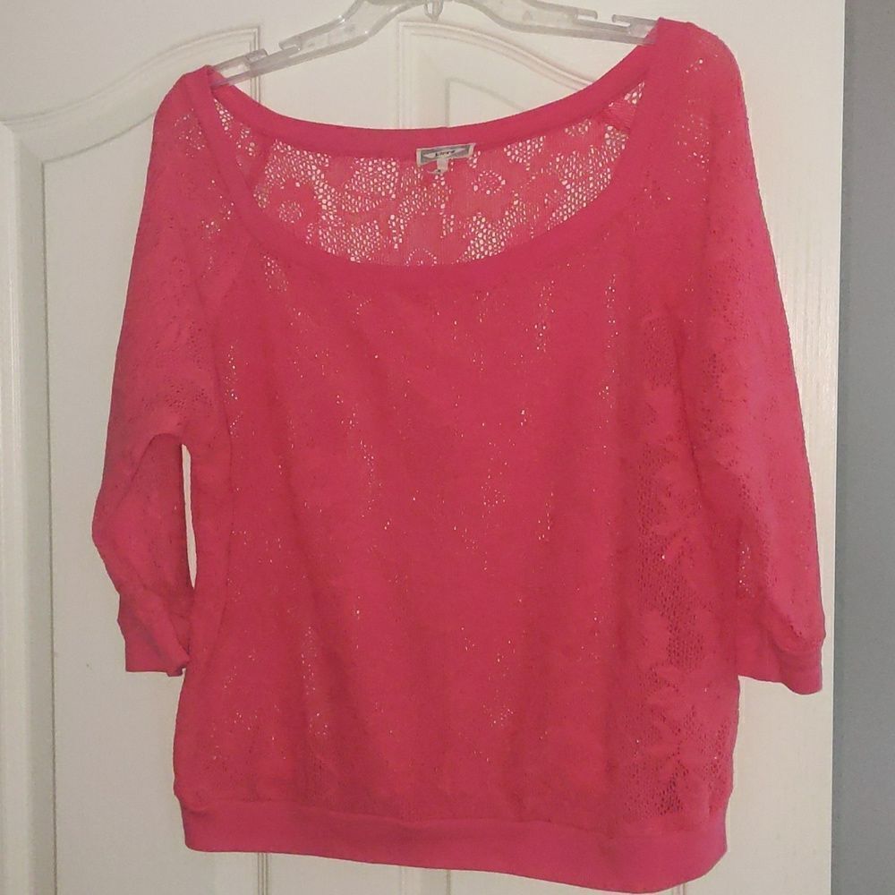 Kirra brand size XL coral/ salmon color square neck see through knit shirt